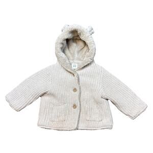 Gap Baby Bear Cardigan Sweater Knit 3-6 Months Beige Color Cozy Sherpa Hooded